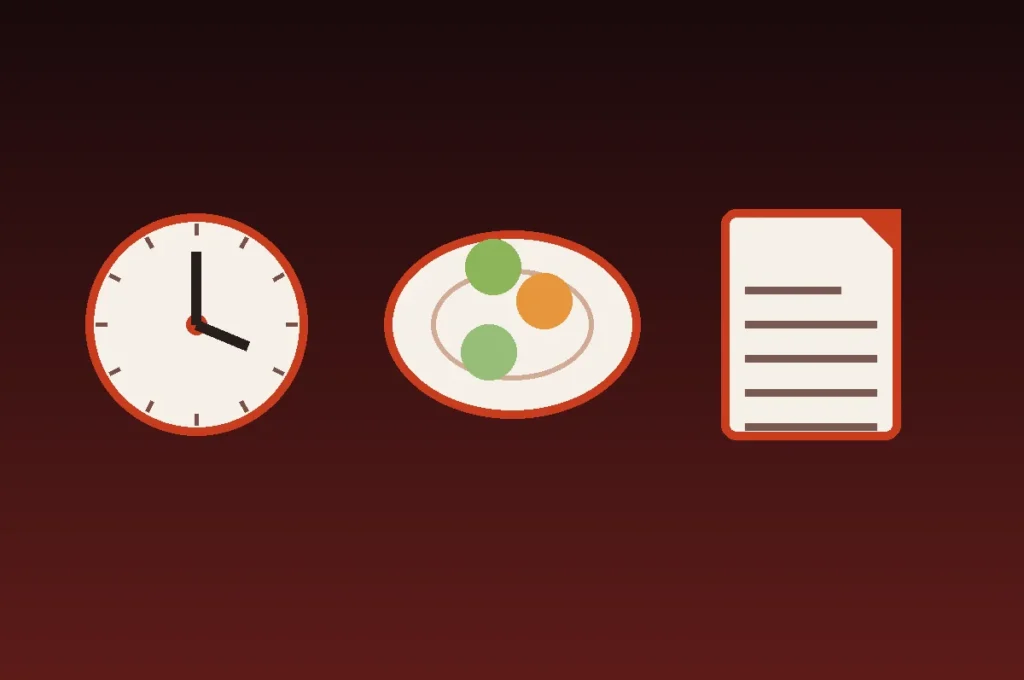 Illustration of a clock, a light meal and a patient leaflet - factors that affect sildenafil response